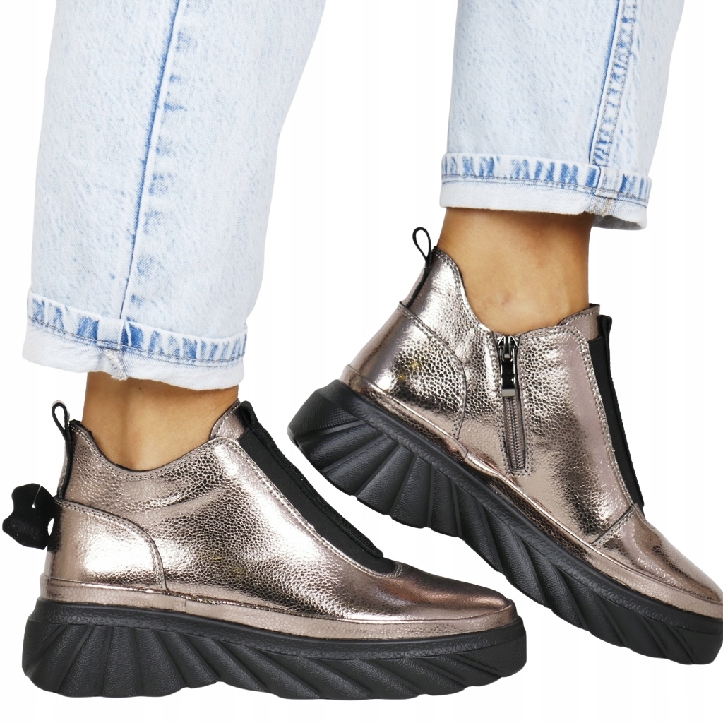 Dámské Kotníkové Boty S Zirkony Na Platformě Koturnie Gun Metalické