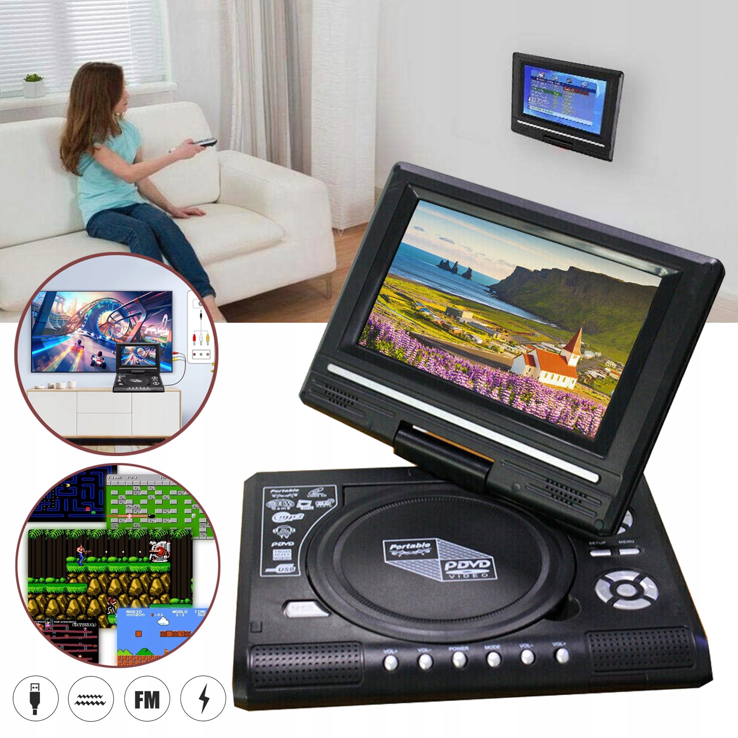 Automobilový Přenosný Televizor DVD Přehrávač S Otočnou Obrazovkou, Černý