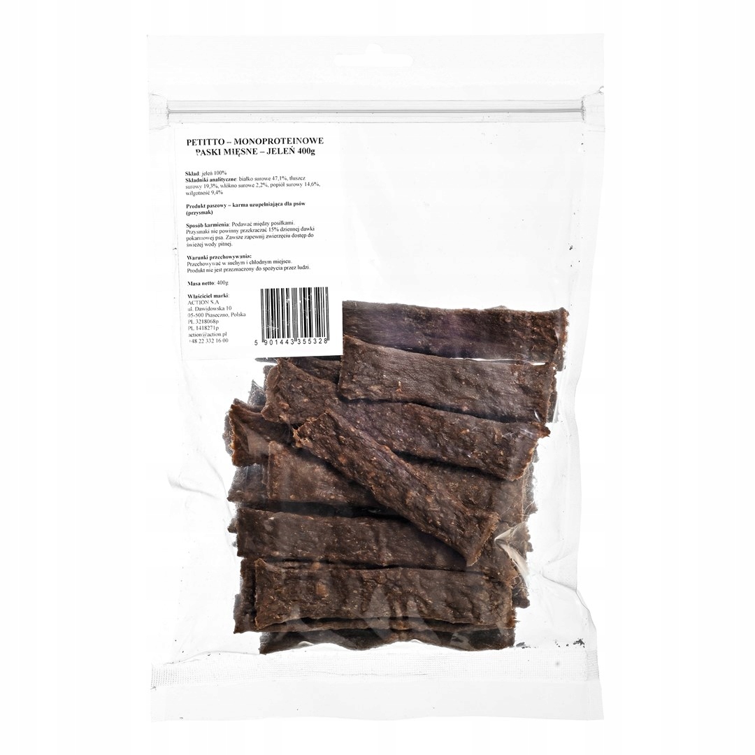 Petitto Monoproteinové masové proužky Jelen psí pamlsek 400 g