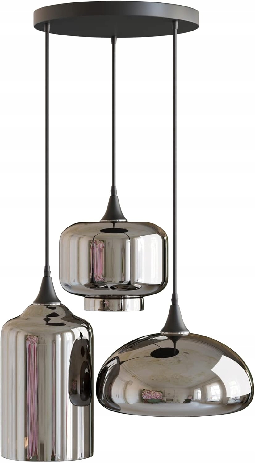 Závesná lampa, okrúhla, sklo, dymovo šedá, 3 veľké tienidlá