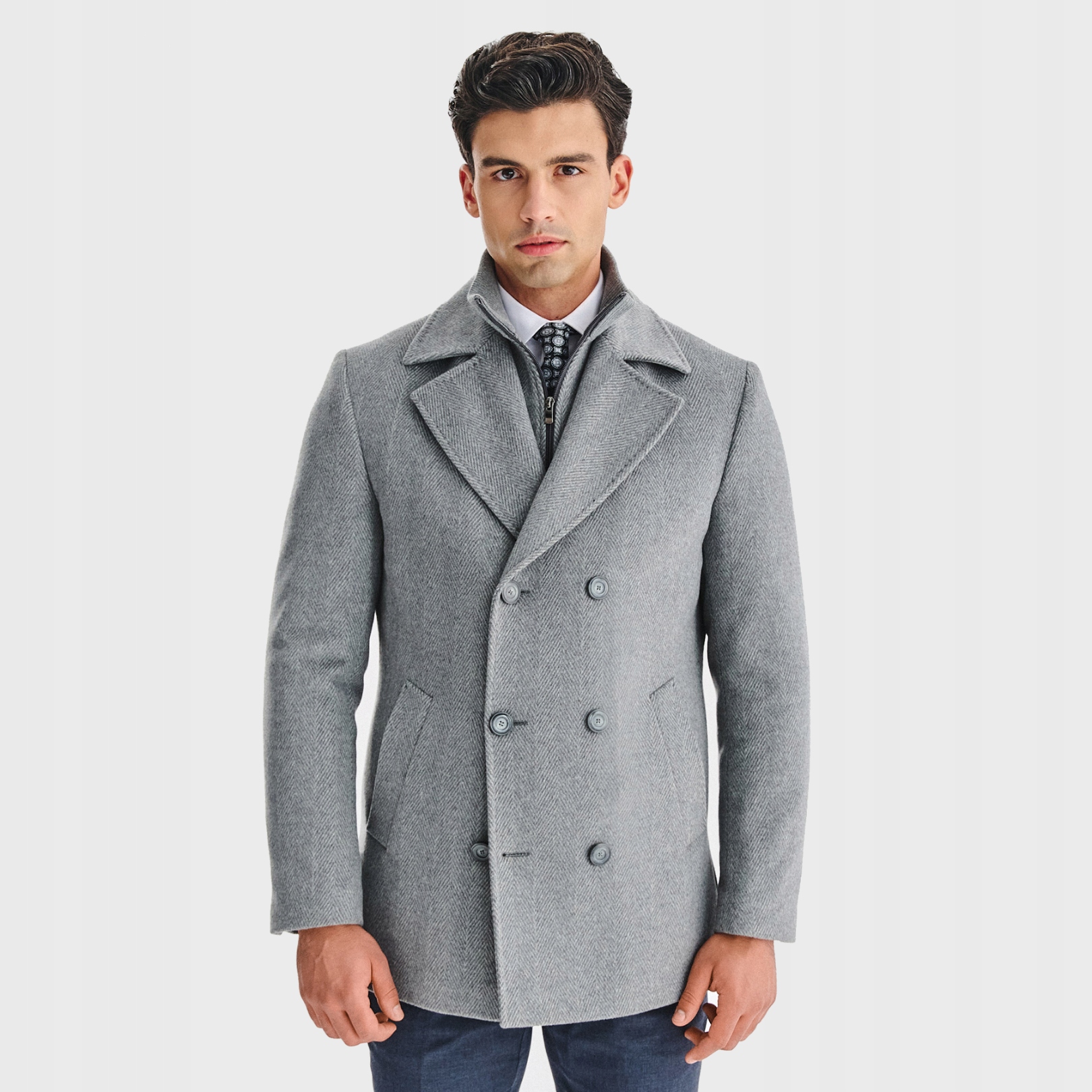 Pánský kabát Pako Lorente šedého dvouřadého zapínání se vzorem rybí kosti, vel 58