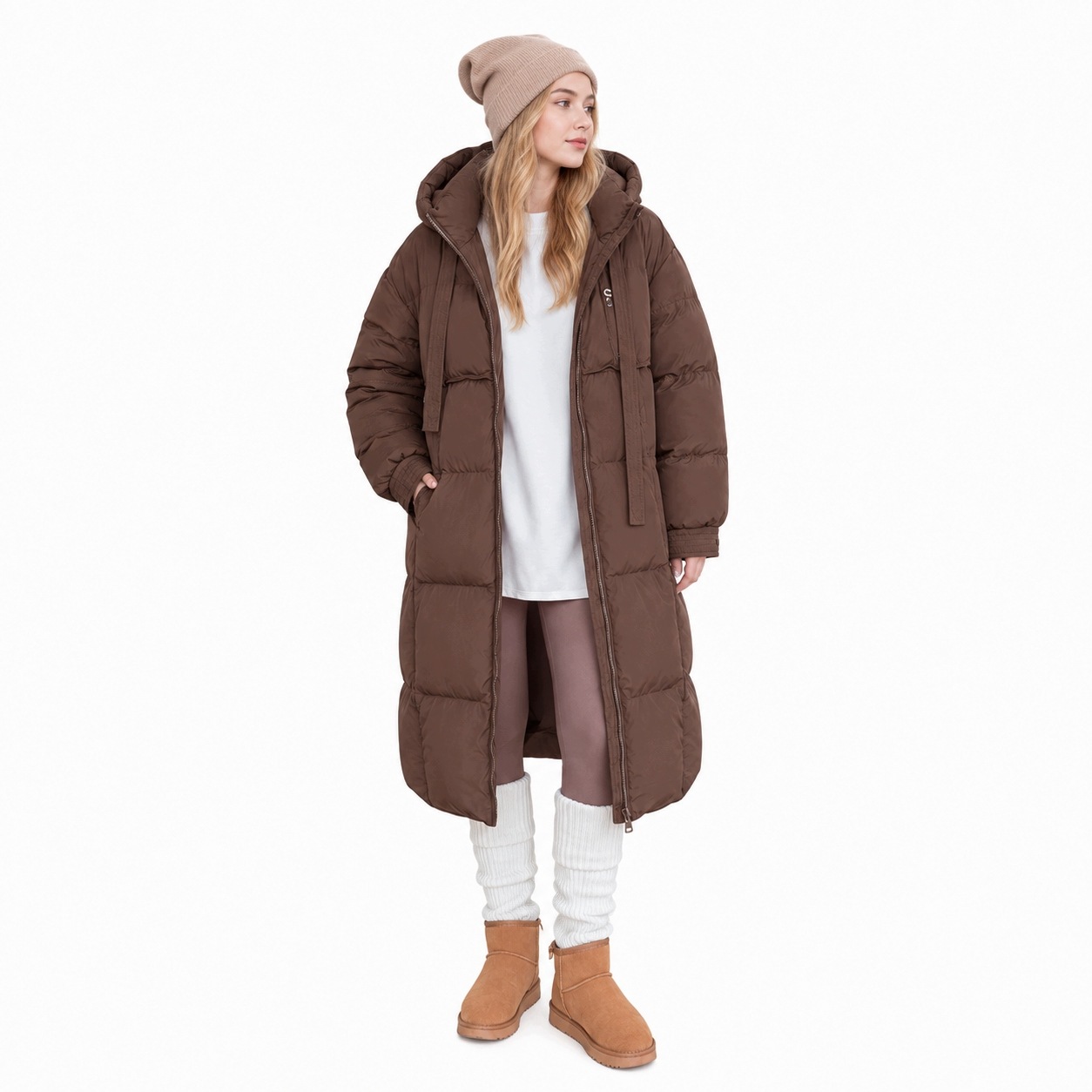 Zimní bunda dámská, dlouhá, zateplená, prošívaná s kapucí Hnědá S-xxl