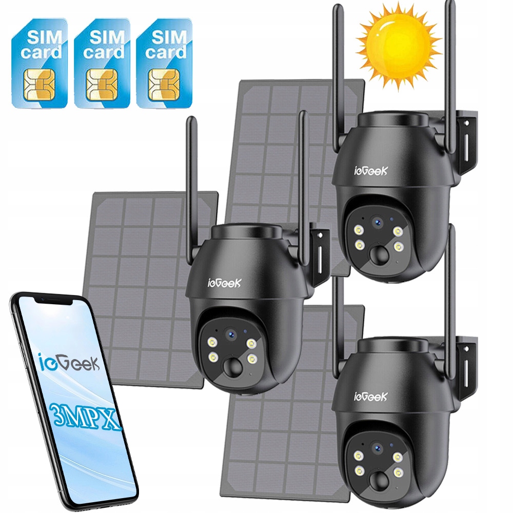 Venkovní Solární Kamera Gsm 3G 4G Lte Sim 2K 3MPX Otočná 4x Zoom 3ks