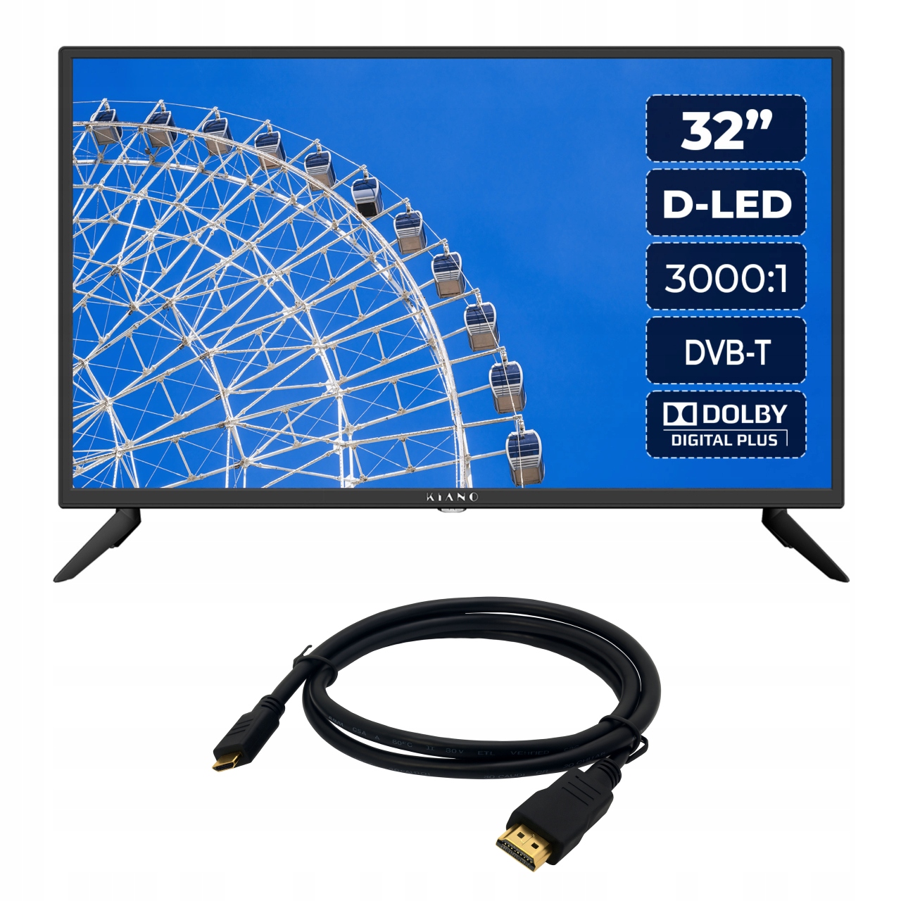 Kiano 32" Slim Led Tv Hd Ready Hdmi Usb Pvr rekordér Hdmi kábel