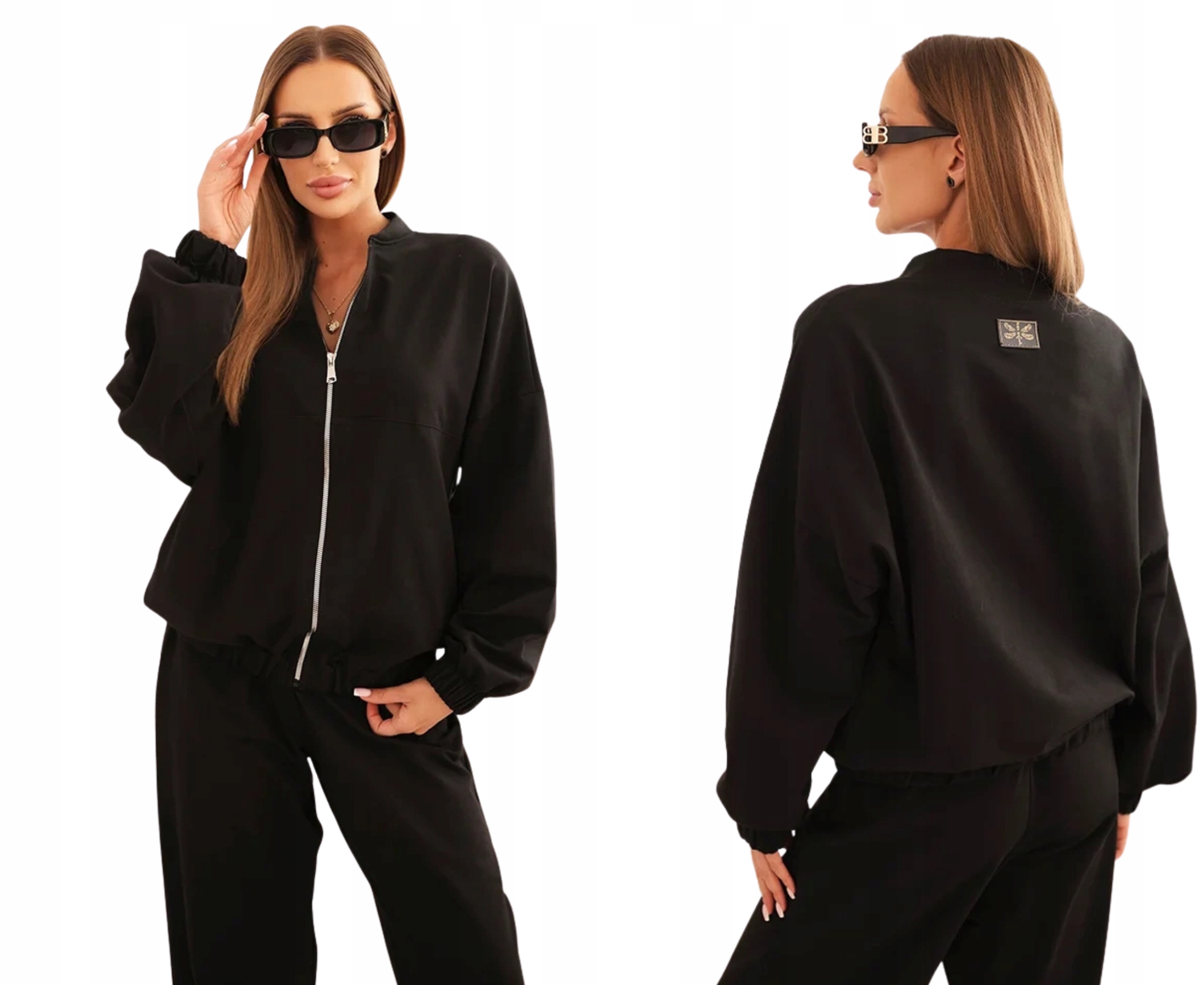 Černý dámský komplet oversize mikina na zip široké kalhoty