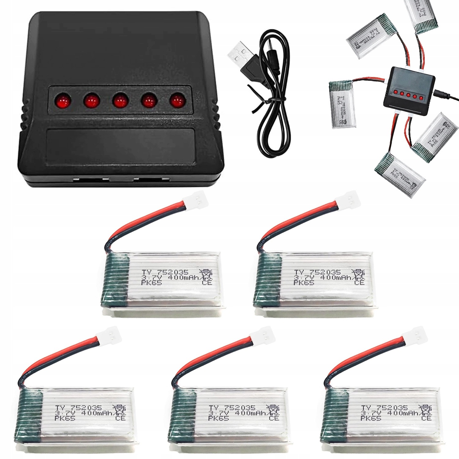 Sada 5 akumulátorů 400 mAh 3.7 V 51005 Molex pro Hubsan H107 Syma Q11