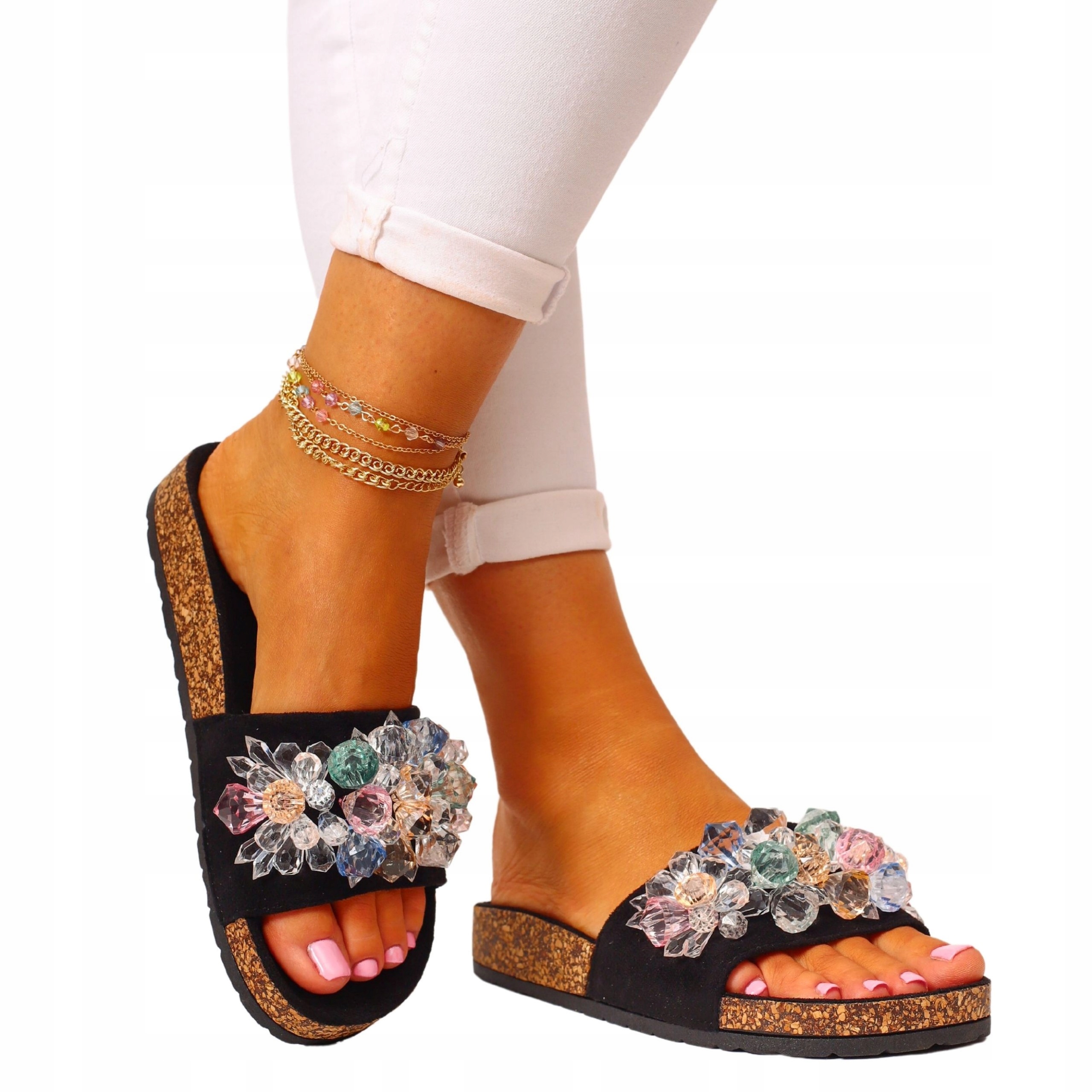 KLAPKI DAMSKIE LETNIE EFEKTOWNE NA KORKU STYLOWE Długość wkładki 25 cm