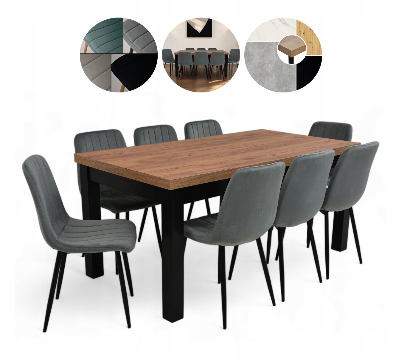 Stół rozkładany drewniany loft 90x170/250 8 krzeseł welur fotelowe