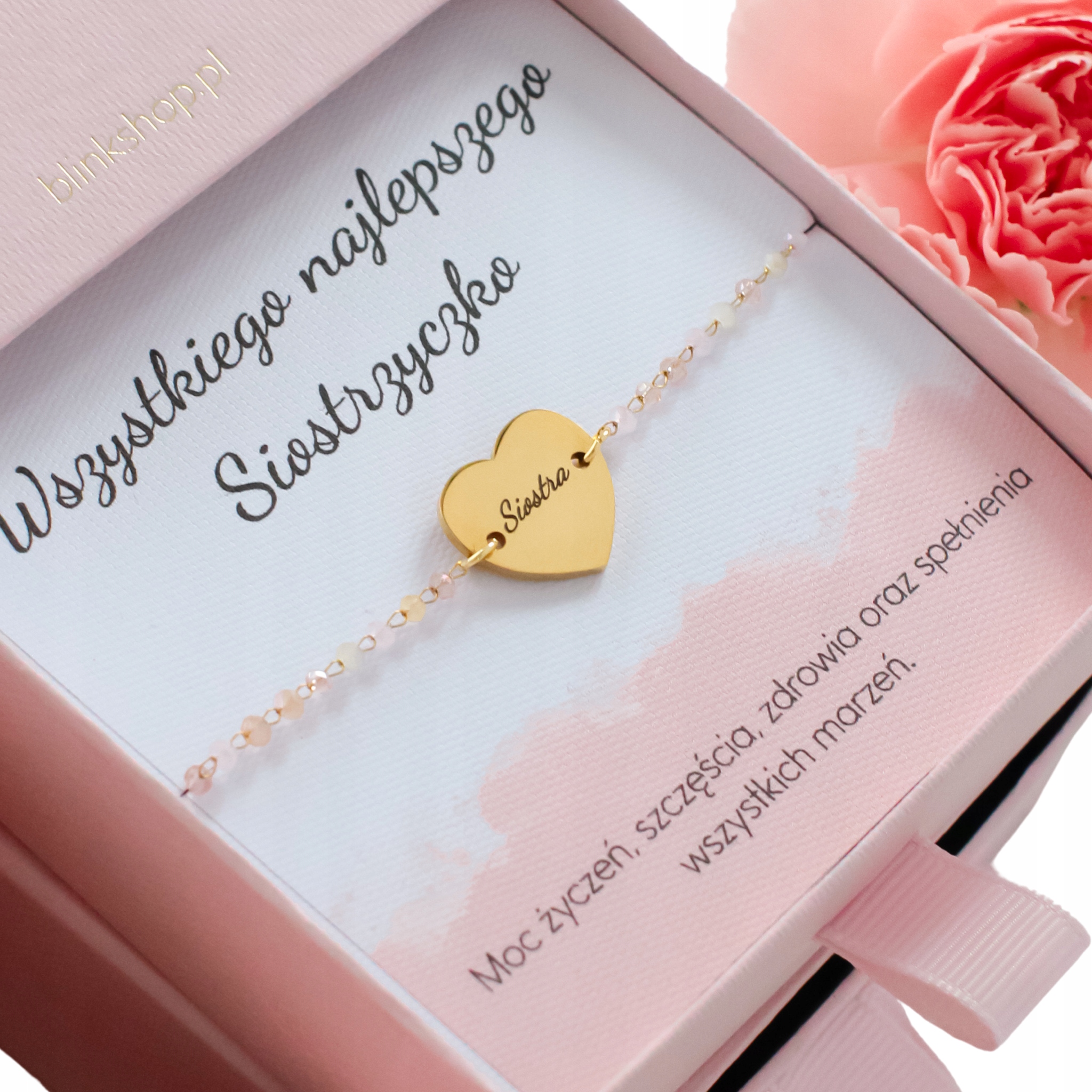 złota bransoletka z grawerem dla siostry serduszko ze stali
