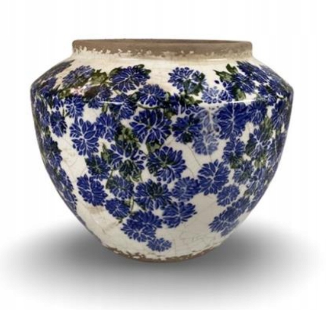 DONICZKA CERAMICZNA ECRU ZDOBIONA 17x20 KWIAT WISTERII OSŁONKA NIEBIESKA