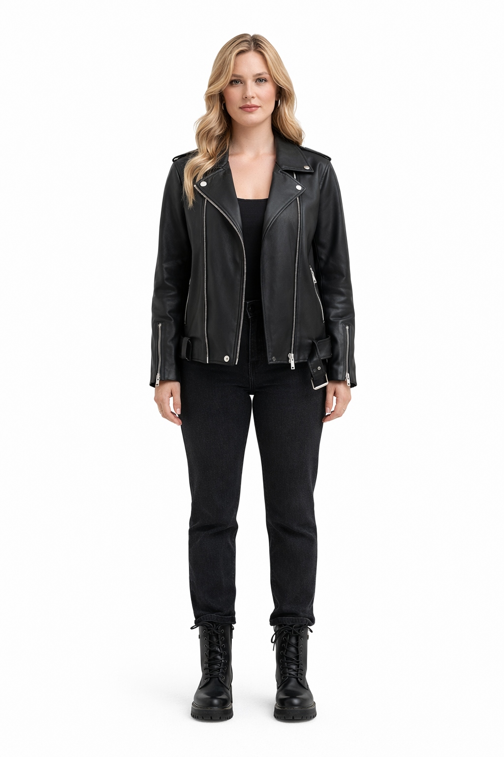 Černá Ramoneska S Zipy A Pagony, Přírodní Kůže, Velikost 1I3A