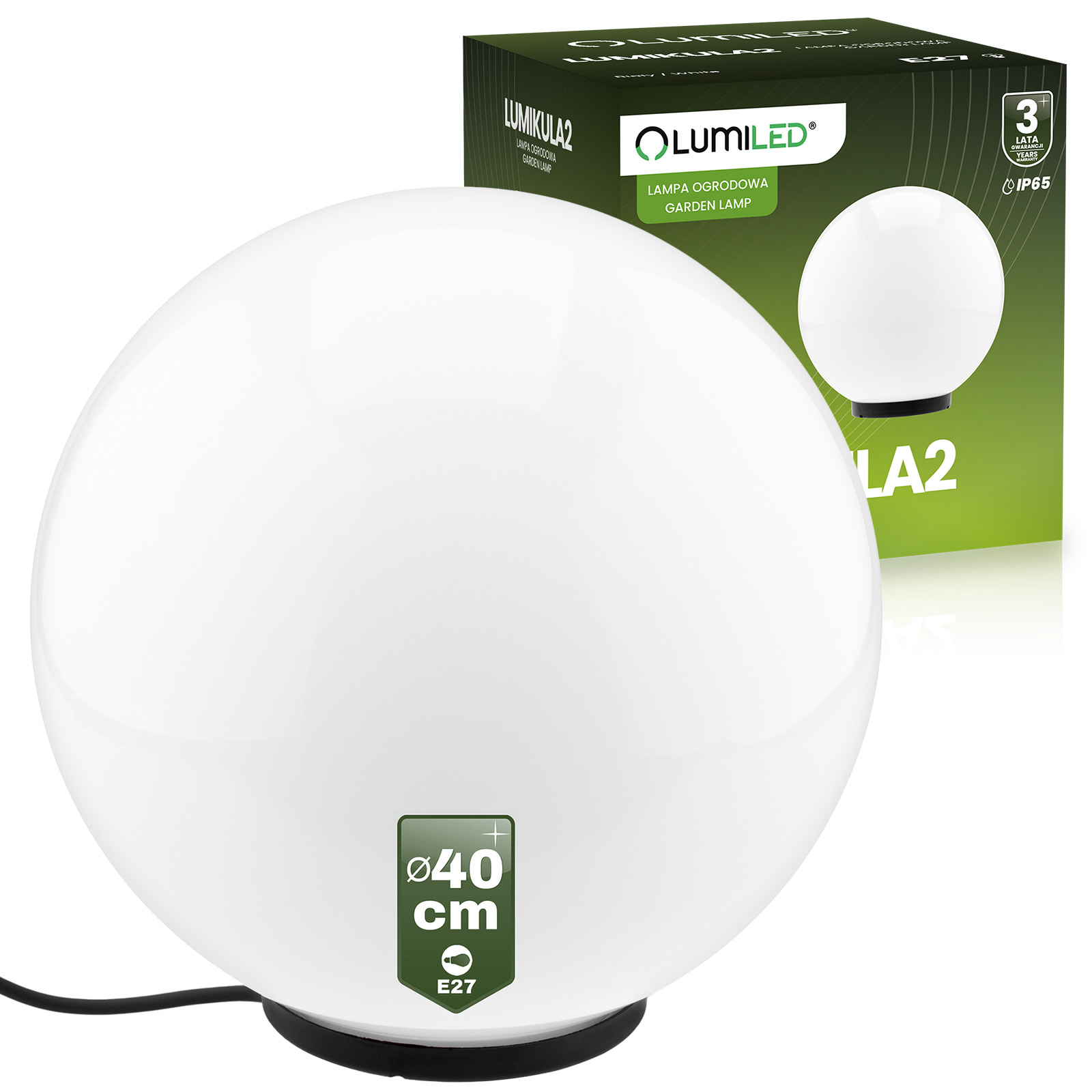 Záhradná lampa Guľa Biela 40CM Nazemná pre Led E27 Vonkajšia IP65 Uv