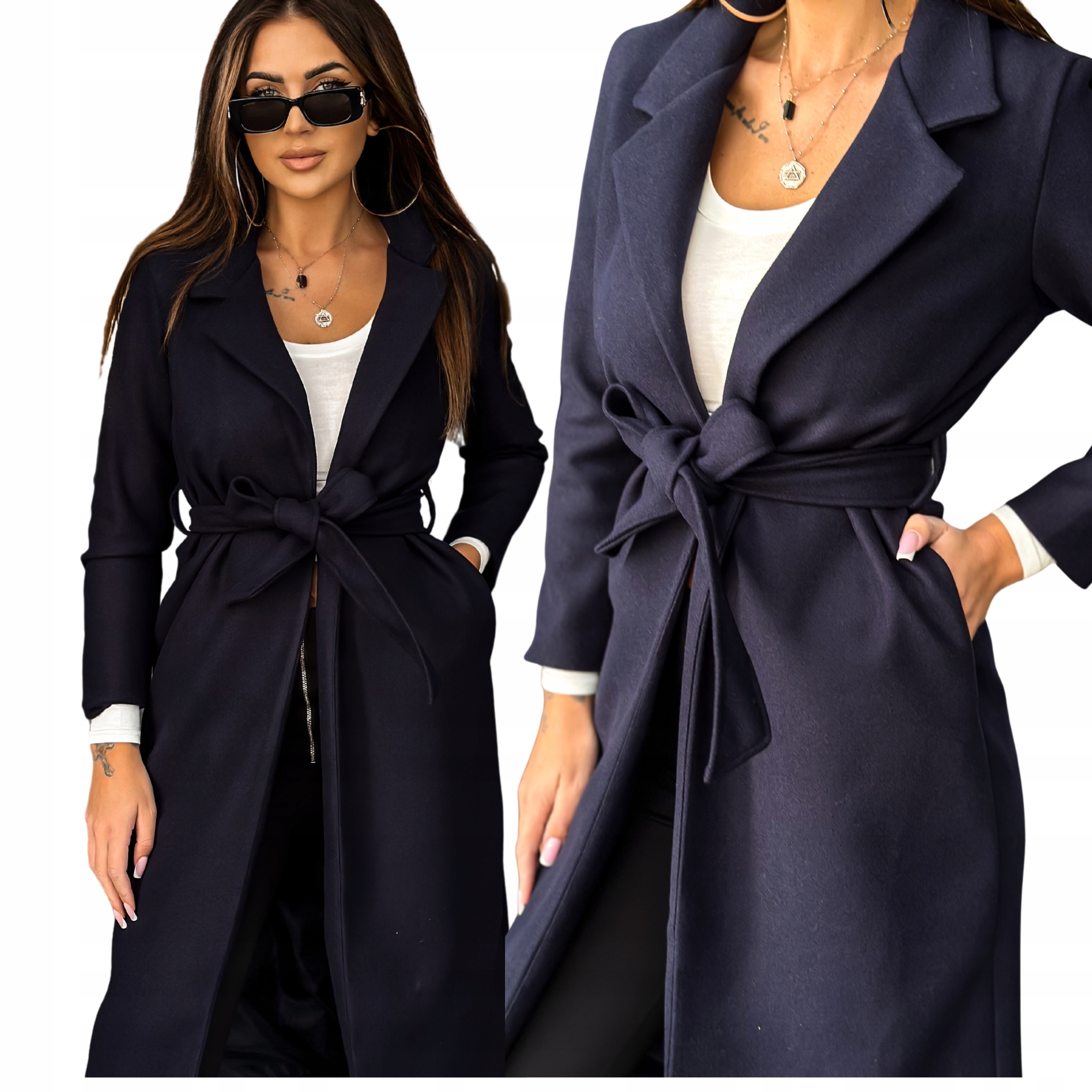 Elegantní dámský kabát dlouhý, vázaný, flaušový, klasický, tmavě modrý, velikost XL