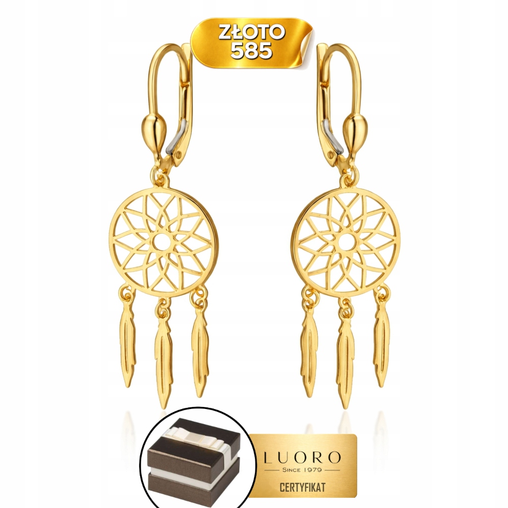 Náušnice Zlaté 585 14K Lapač Snů Anglické Zapínání Žluté 37 MM