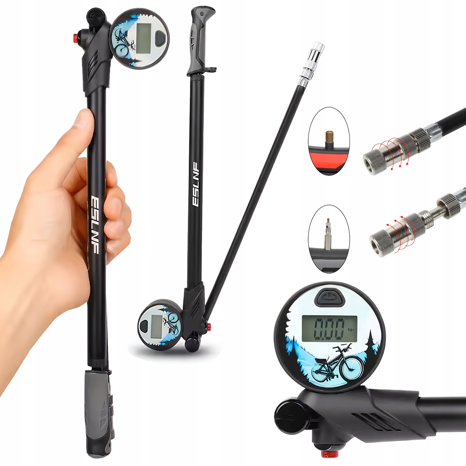 Pompka Rowerowa Manometr z LCD do Piłki Amortyzatorów Opon 300 Psi 20bar