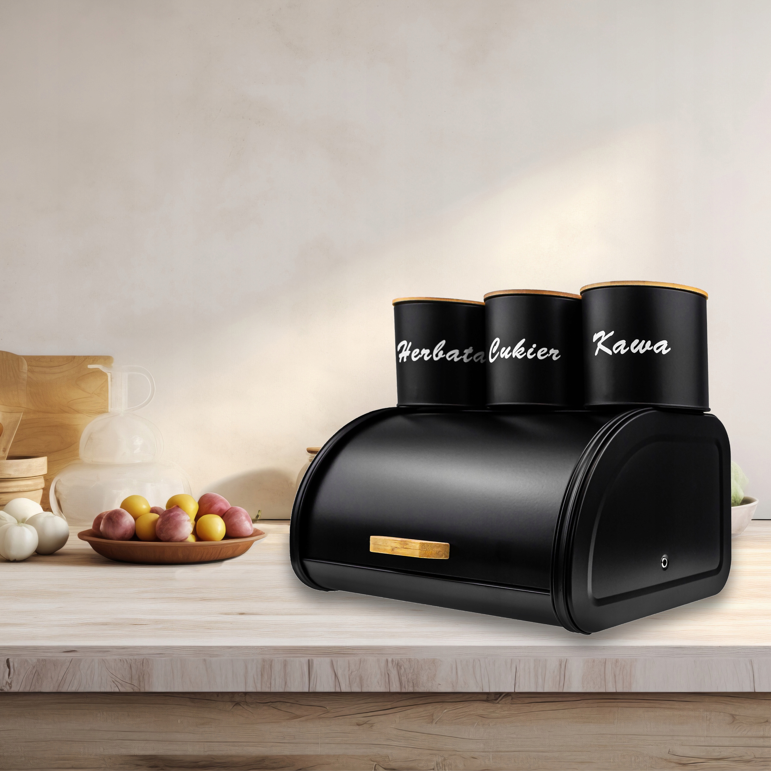 Zestaw CHLEBAK CZARNY NA PIECZYWO 3 POJEMNIKI NA KAWĘ HERBATĘ CUKIER BAMBUS Stan opakowania oryginalne