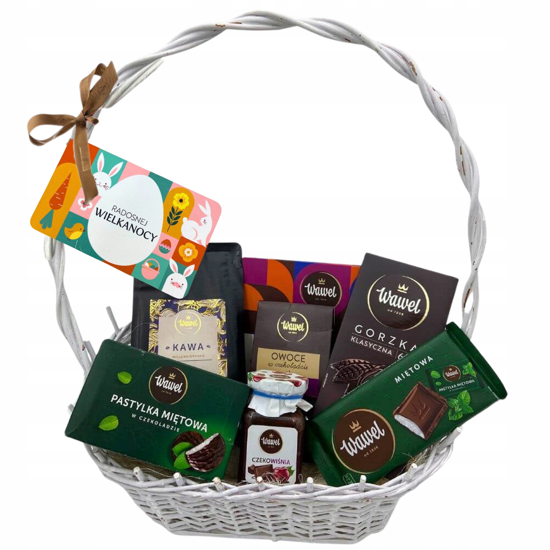 Zestaw Prezentowy Kosz na Wielkanoc Słodycze Czekolada Kawa Wawel