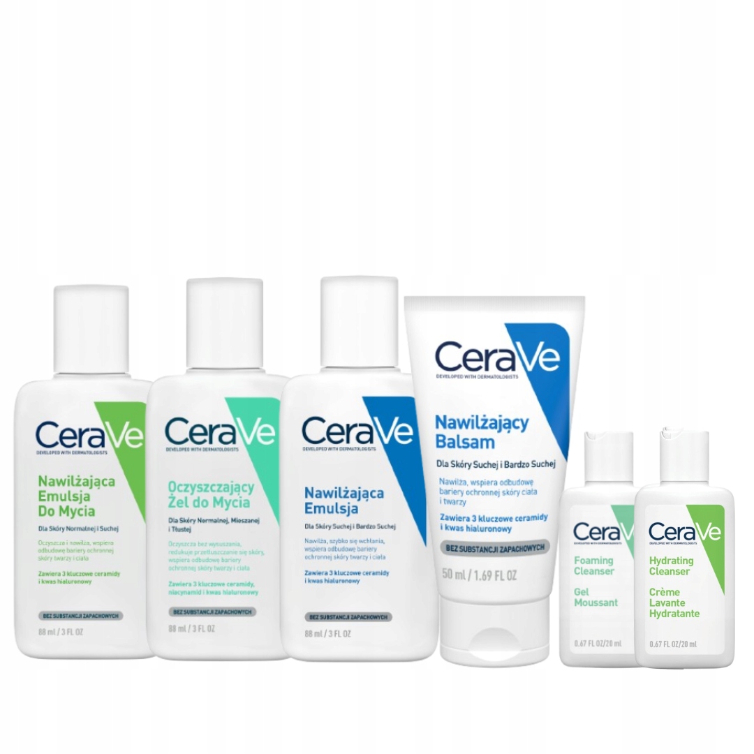 CeraVe Nawilżająca emulsja 2 sztuki, balsam, oczyszczający żel Travel Size