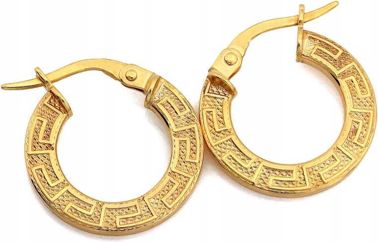 Náušnice zlaté závěsné 585 kruhy s řeckým vzorem, průměr 17 mm, řecký vzor