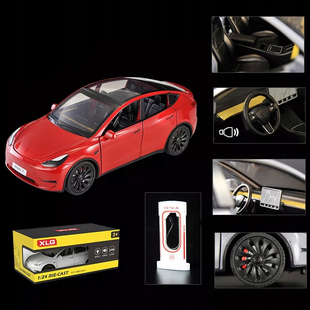 METALOWY MODEL TESLA Y NAPĘD ŚWIATŁA LED DŹWIĘK OTWIERANE DRZWI MASKA 1:24 Wiek dziecka 3 lata +