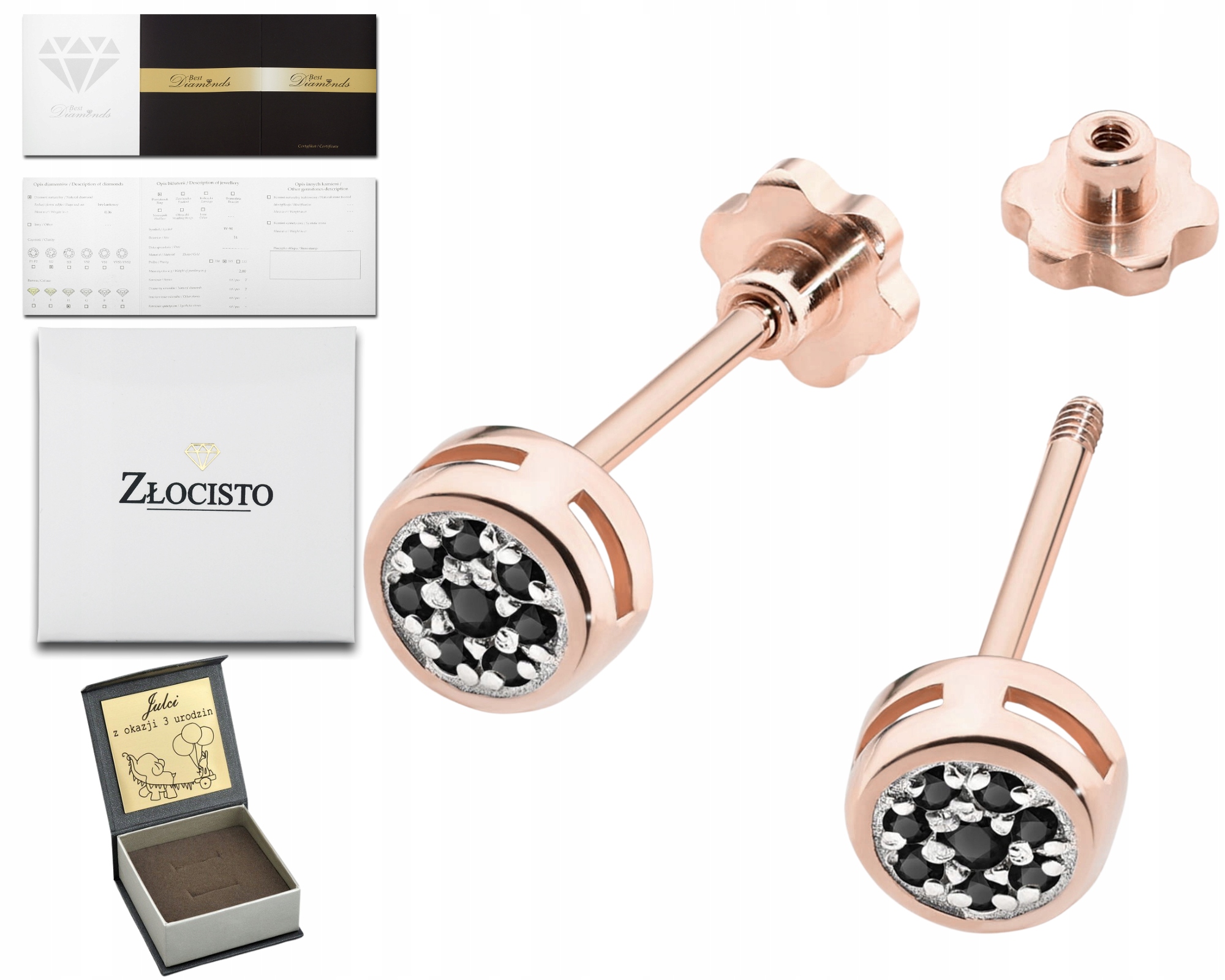 Růžové Zlato Náušnice S Černým Briliantem Šroubovací Tyčinka Zlato 585 Dárek