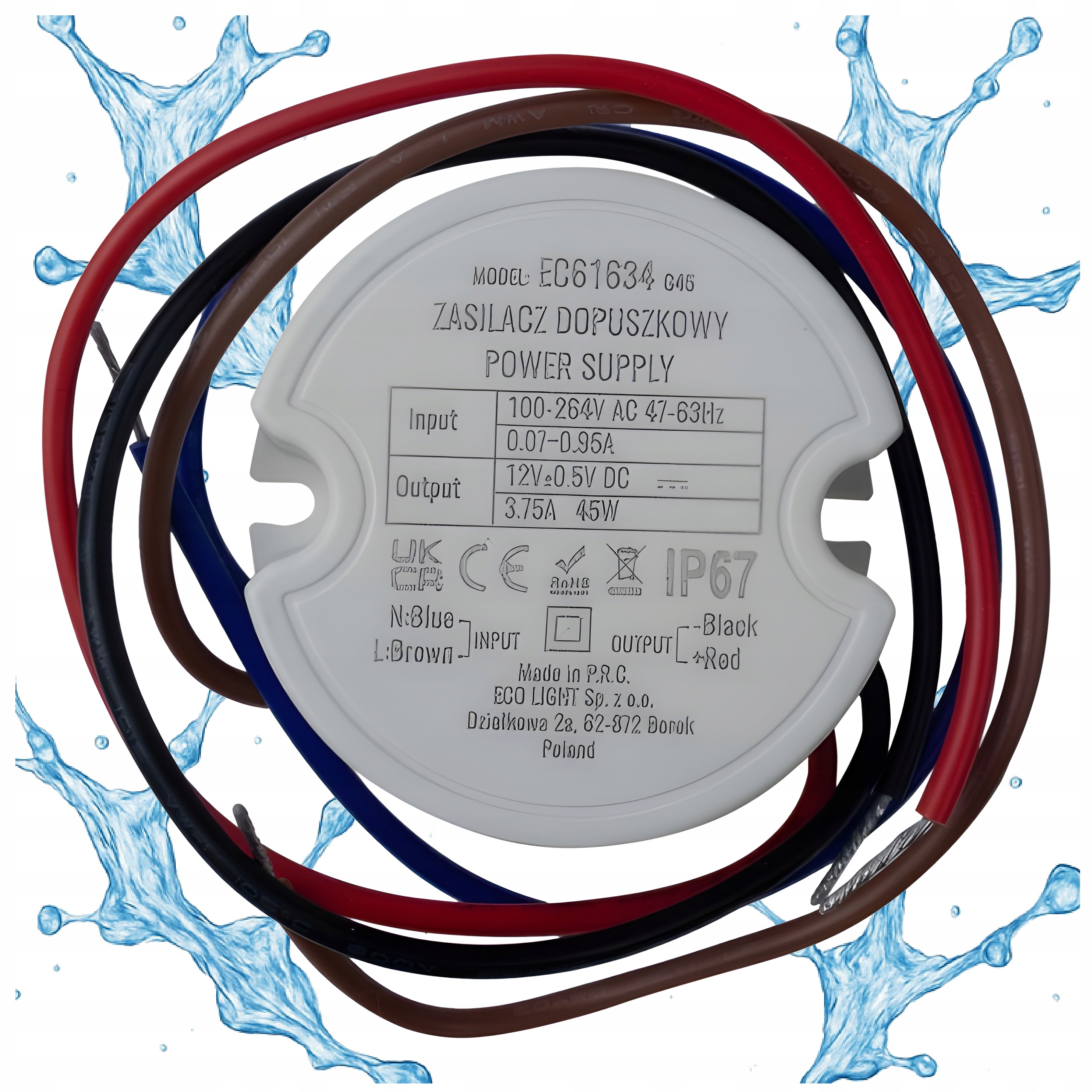 Zasilacz Do Led Dopuszkowy 12V 45W IP67 Do Puszki FI60 50x22 3,75A