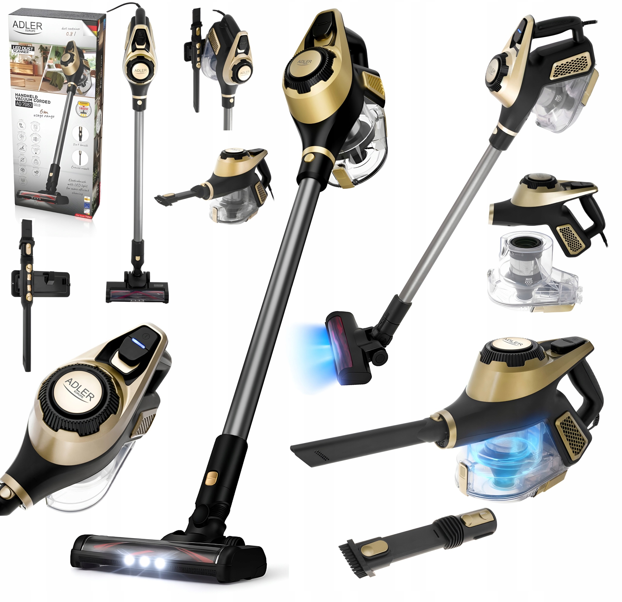 Odkurzacz pionowy bezworkowy Adler LightGold 700W z Elektroszczotką Led 3w1