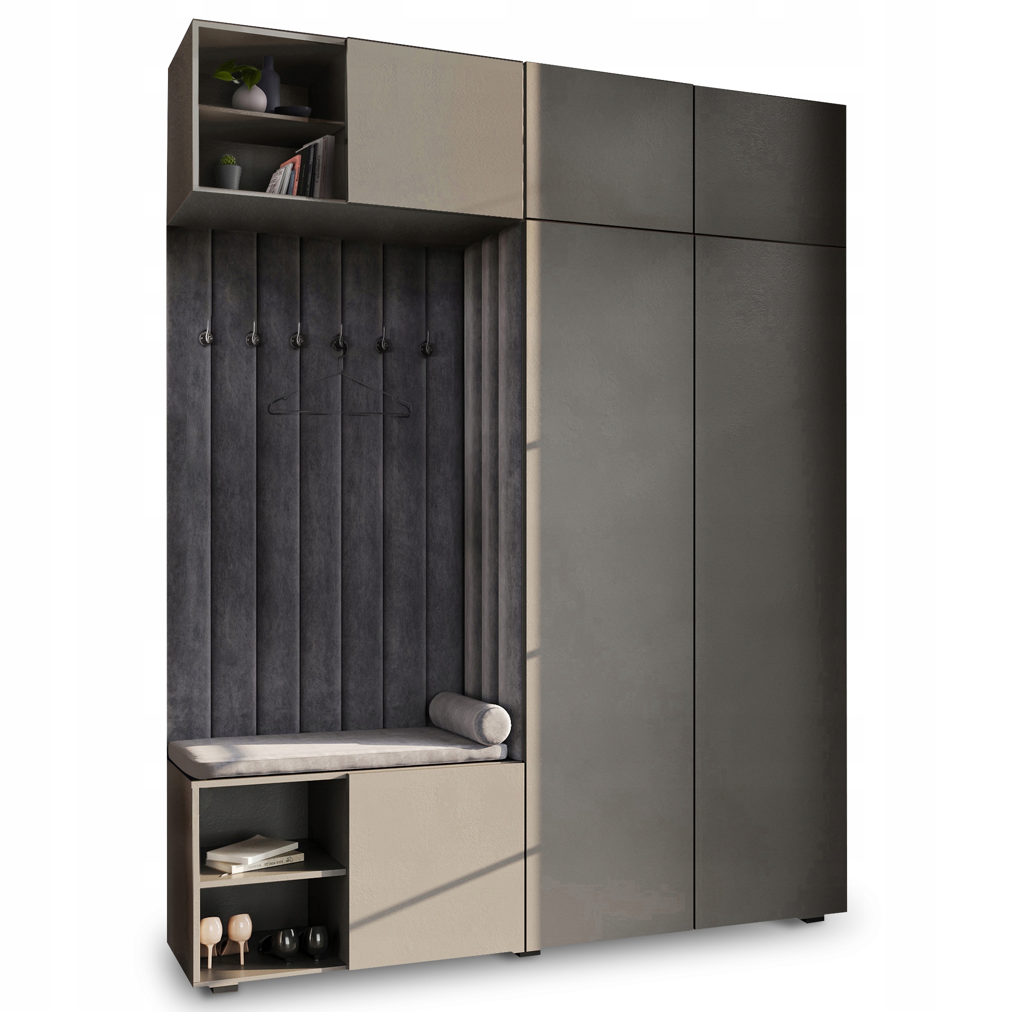 Šatní Skříň Do Předsíně S Sedákem A Nadstavbou, Šedá, Černá 84