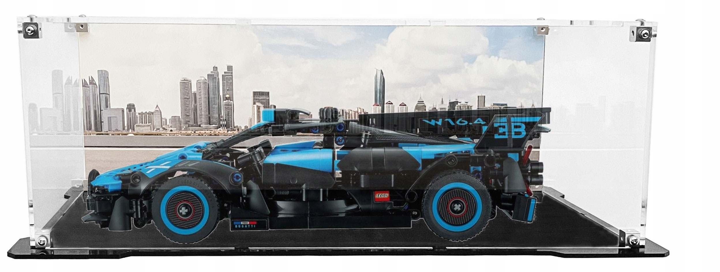 Vitrína s černou základnou a pozadím pro sadu Lego 42162 Bugatti Bolide Blue