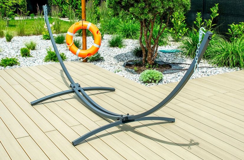 HAMAK ZE STELAŻEM Stelaż do hamaka STOJAK NA HAMAK OGRODOWY DWUOSOBOWY XXL Długość materiału 220 cm