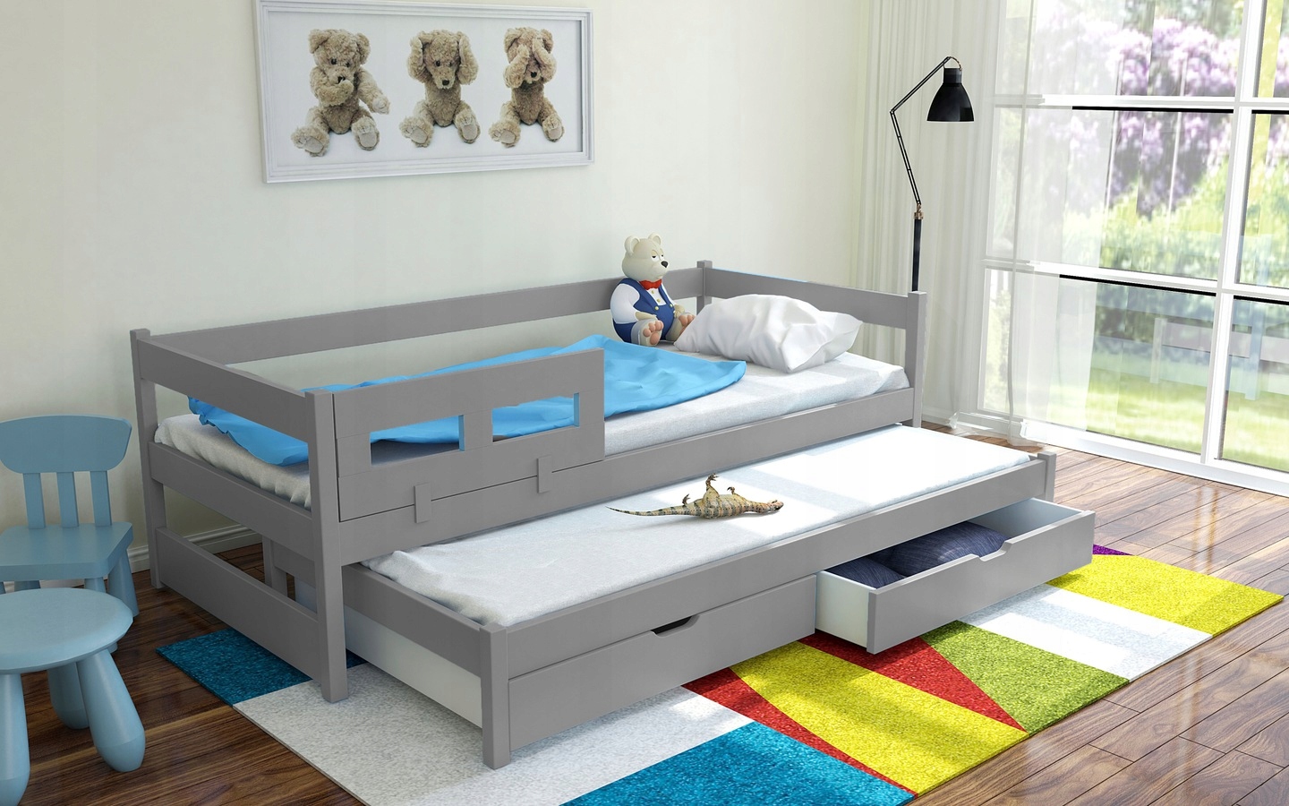 Išskleidžiama lova su ištraukiama miegamąja dalimi ir stalčiais TOM – čiužiniai 180 x 90