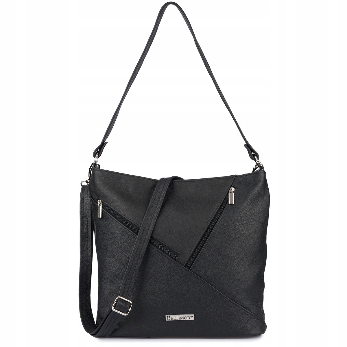 Kožená dámská taška přes rameno, velká, klasická, černá, dvoukomorová Beltimore