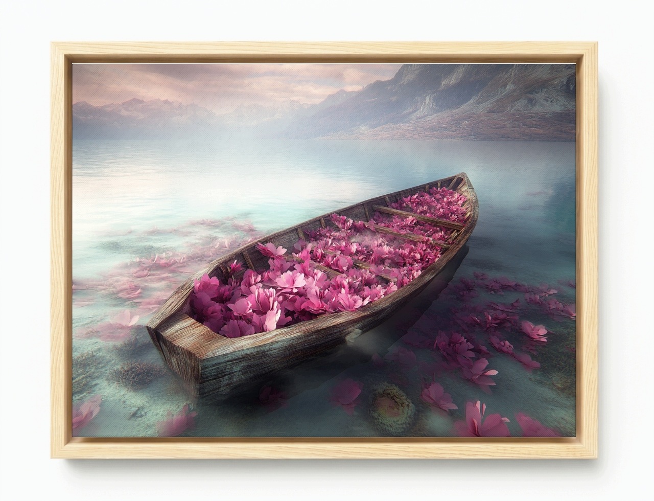 Obraz Rám Americká Krabička Hory Jezero Loď Loďka Květiny Sen Fantazie 80x60