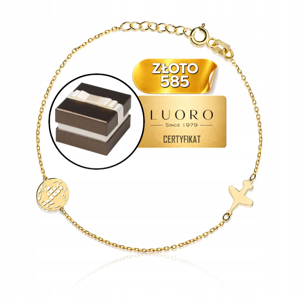 Náramek Zlatý 585 14K Celebrita Zeměkoule Letadlo 17-19 CM Nastavitelný