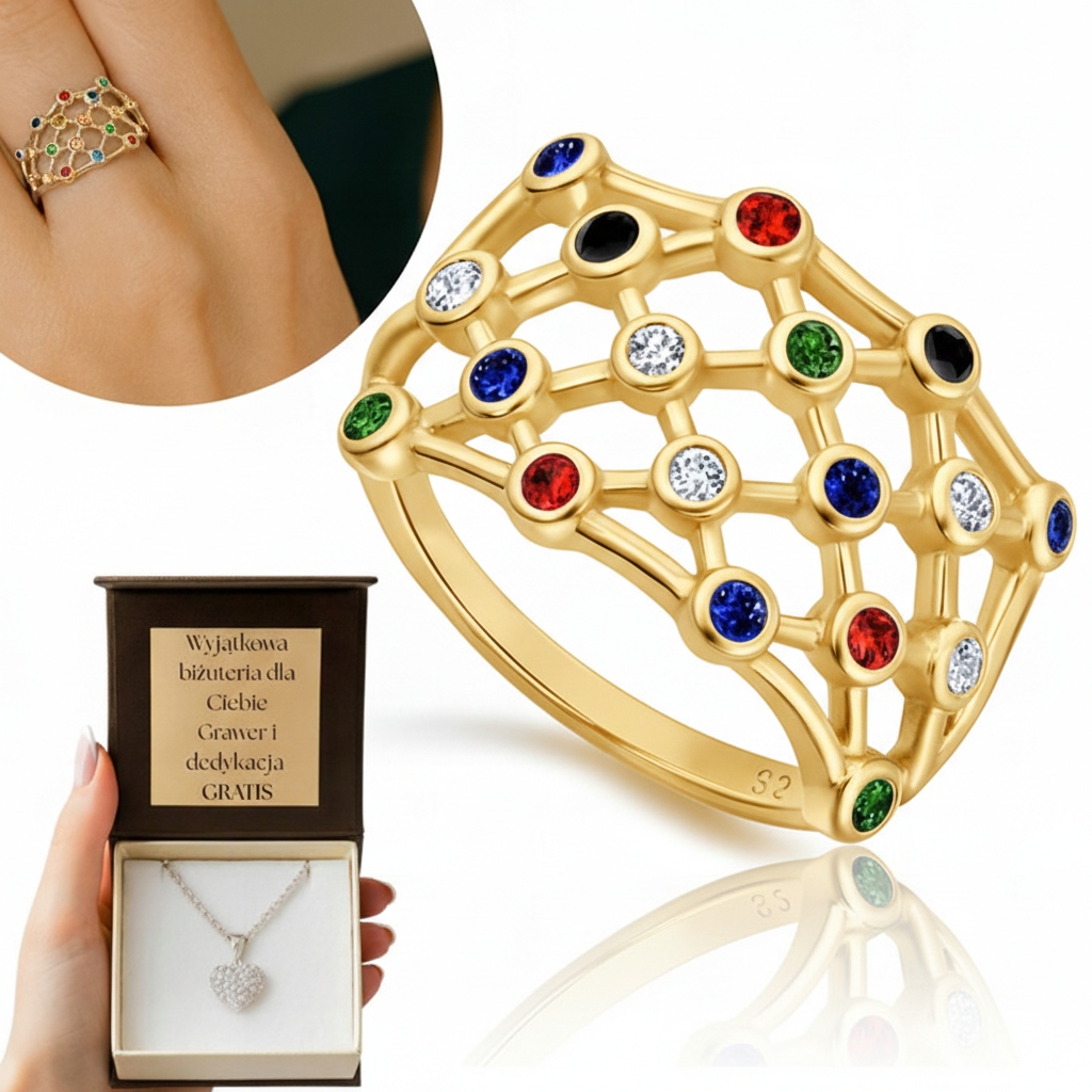 Złoty Ażurowy Pierścionek Kolorowe Cyrkonie 925/ 585 Wszystkie Rozmiary