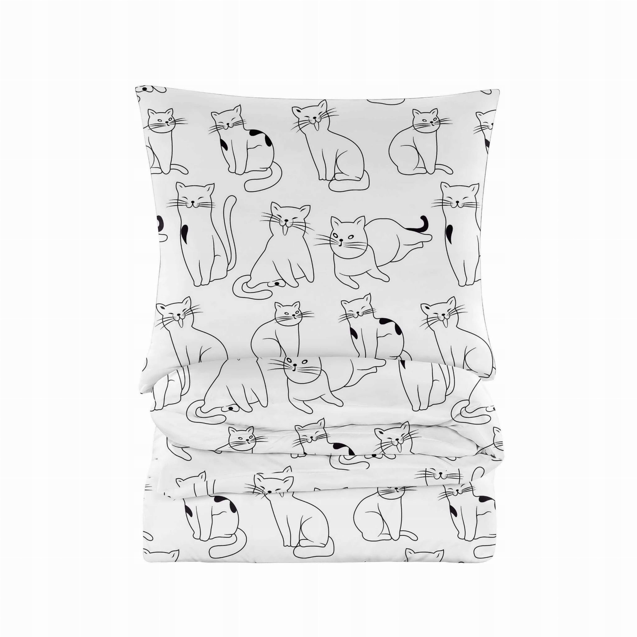 Pościel Biała Mruczek Kotki Czarny Kot 200X200 Komplet pościeli
