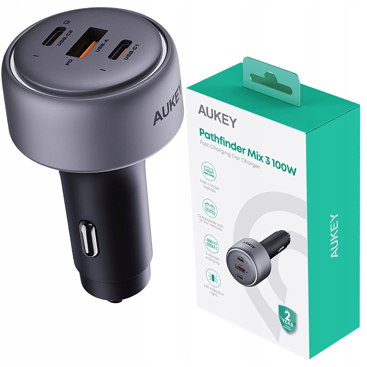 Aukey Szybka ładowarka samochodowa CC-P3 Pathfinder 100W 2x usb-c 1x usb-a