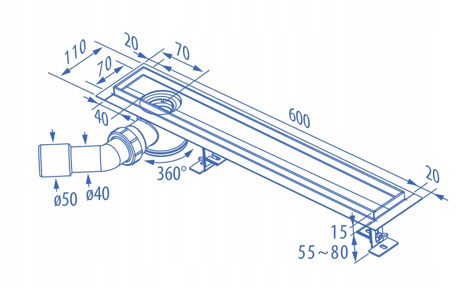 ODPŁYW LINIOWY 60 SYFON BOCZNY Z BOKU OBROTOWY ODWODNIENIE PRYSZNIC ESTIVA Marka Estiva