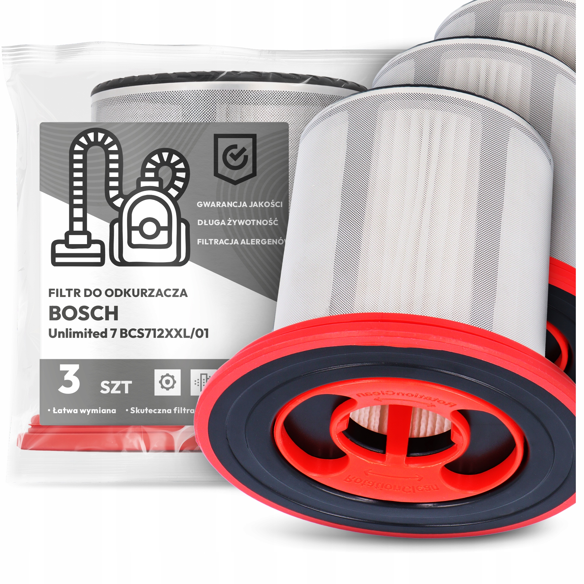 3x Filtr Powietrza do Odkurzacza Bosch Unlimited 7 BCS712XXL/01 Hepa Em-w