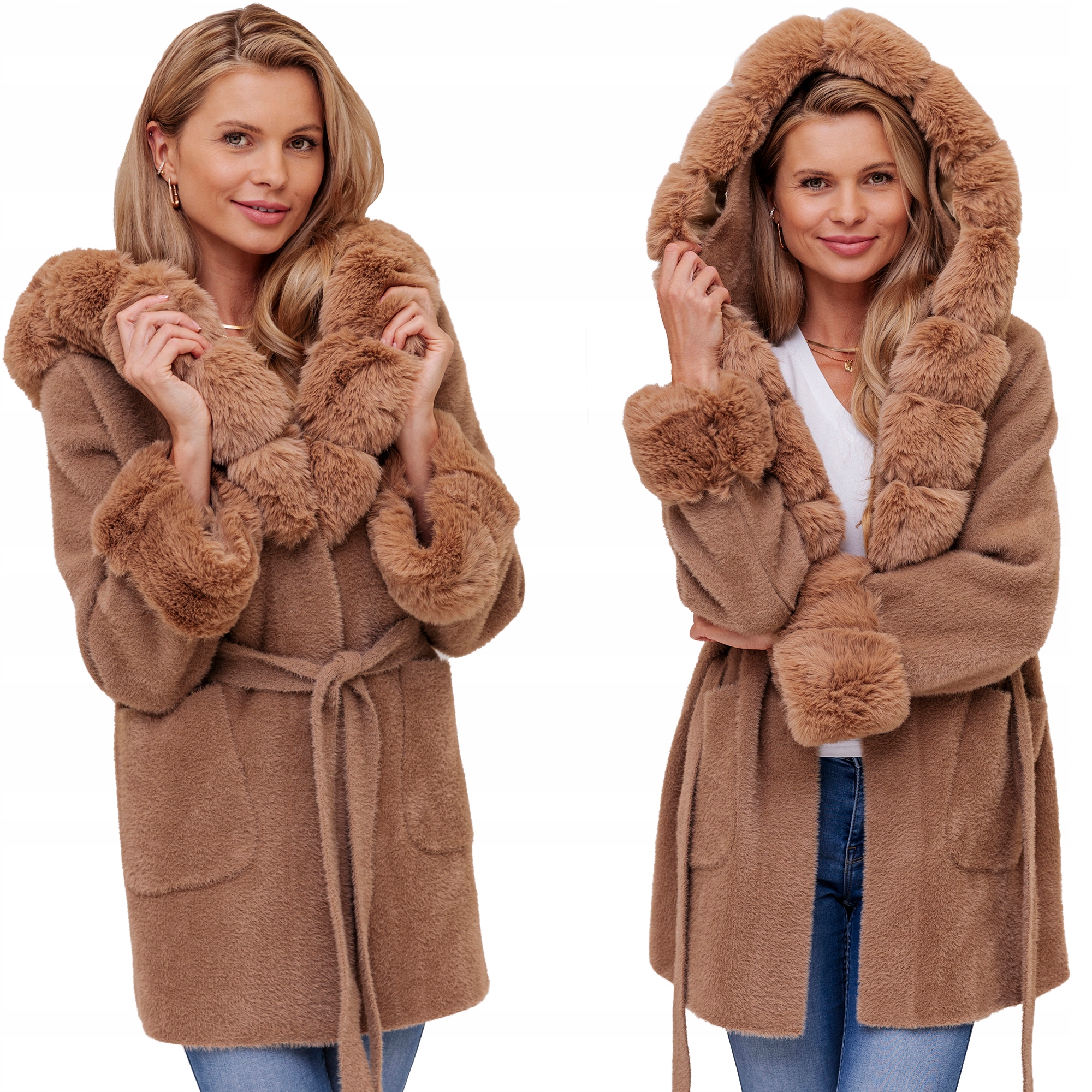 Bella Měkký Kabát S Páskem S Kapucí Alpaka S Kožešinou Camel