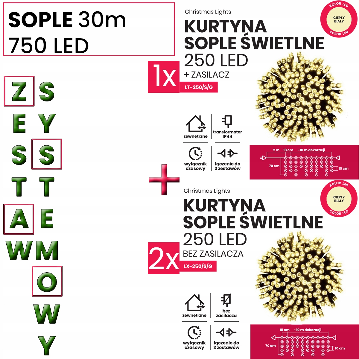 SOPLE ZEWNĘTRZNE 750LED 30M LAMPKI CHOINKOWE TIMER
