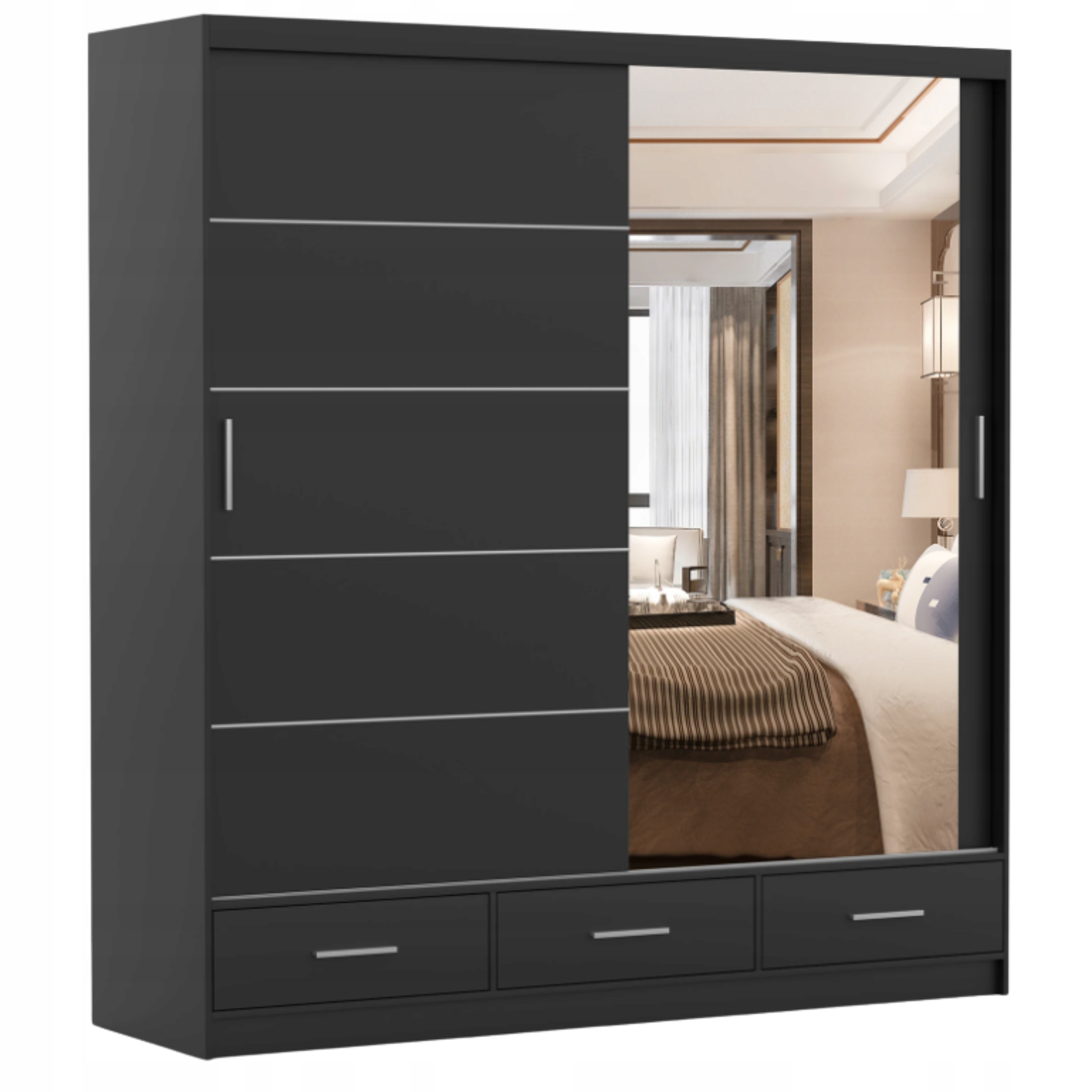 Skříň posuvná Florence 200 se zrcadlem police šatní skříň černá Výrobce Pl
