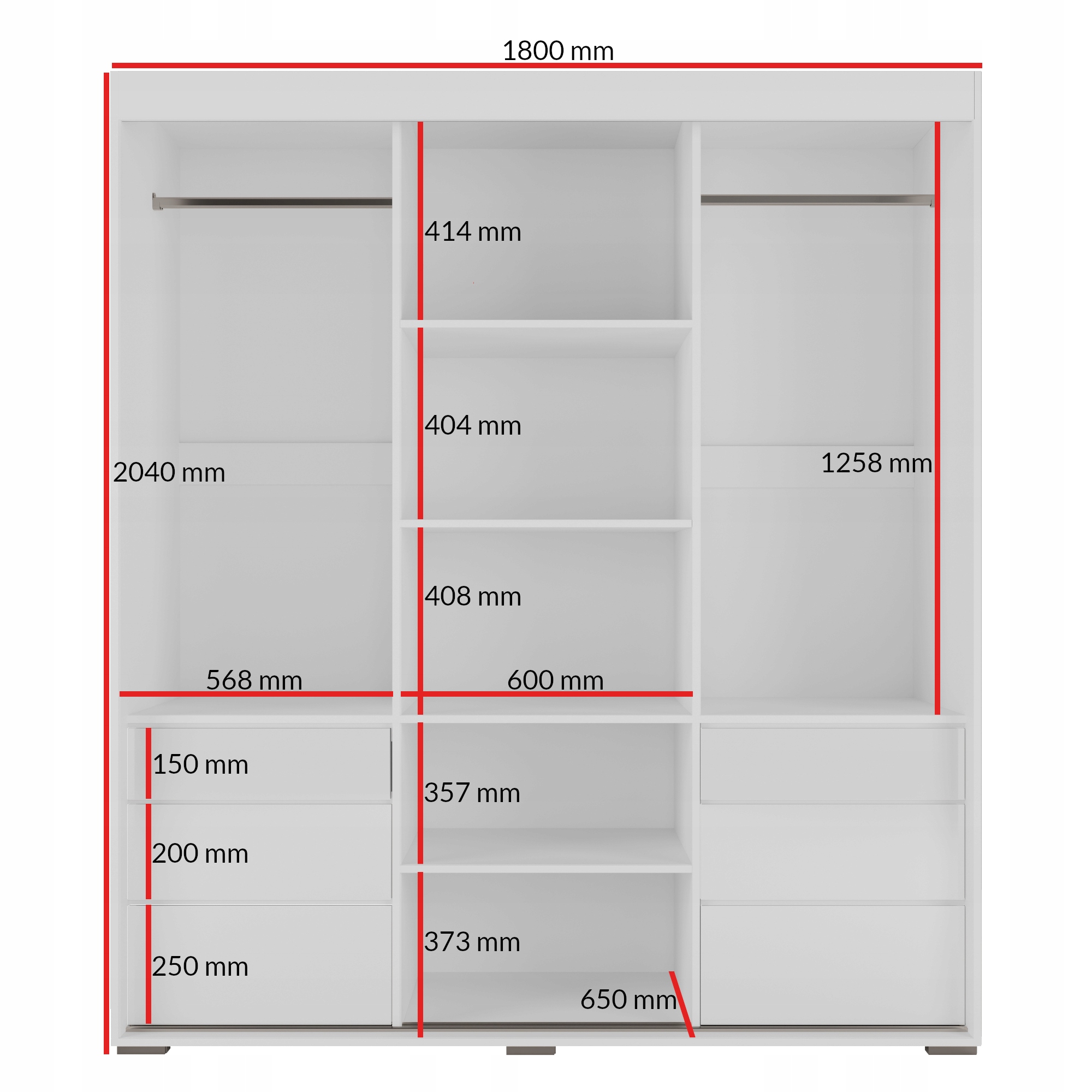Szafa przesuwna z szufladami Torino 3D 180 Biała (lacobel)