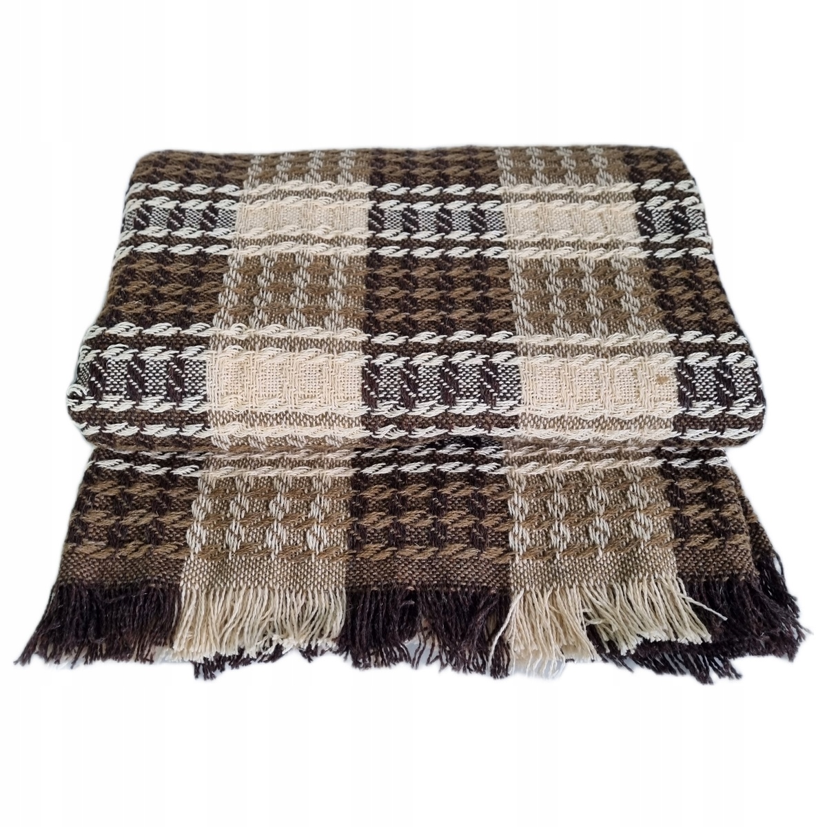 Dekorativní přehoz tkaný 170x205 hnědá béžová krémová kostkovaná copánková tkanina