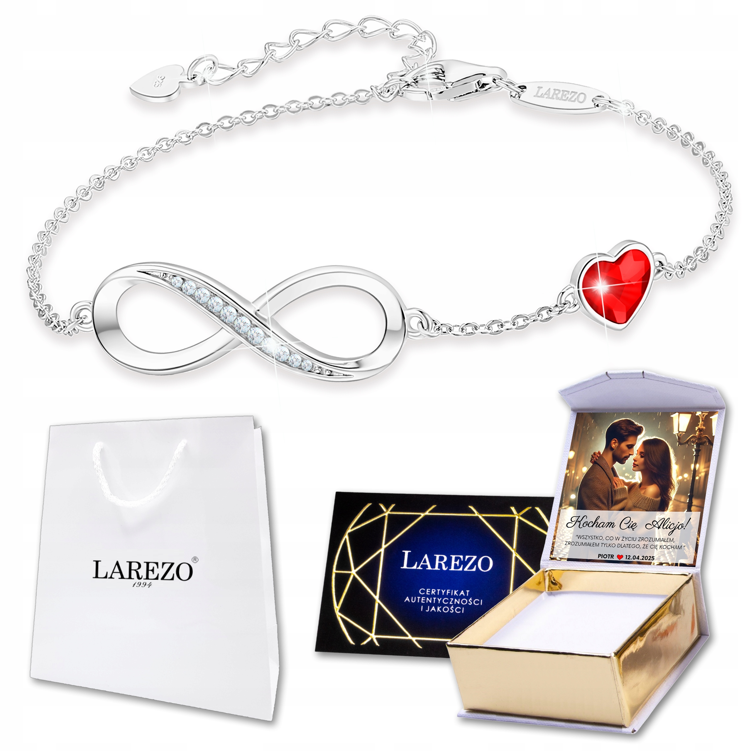 Stříbrný náramek 925 s nekonečnem a zirkony Červené srdce Potisk