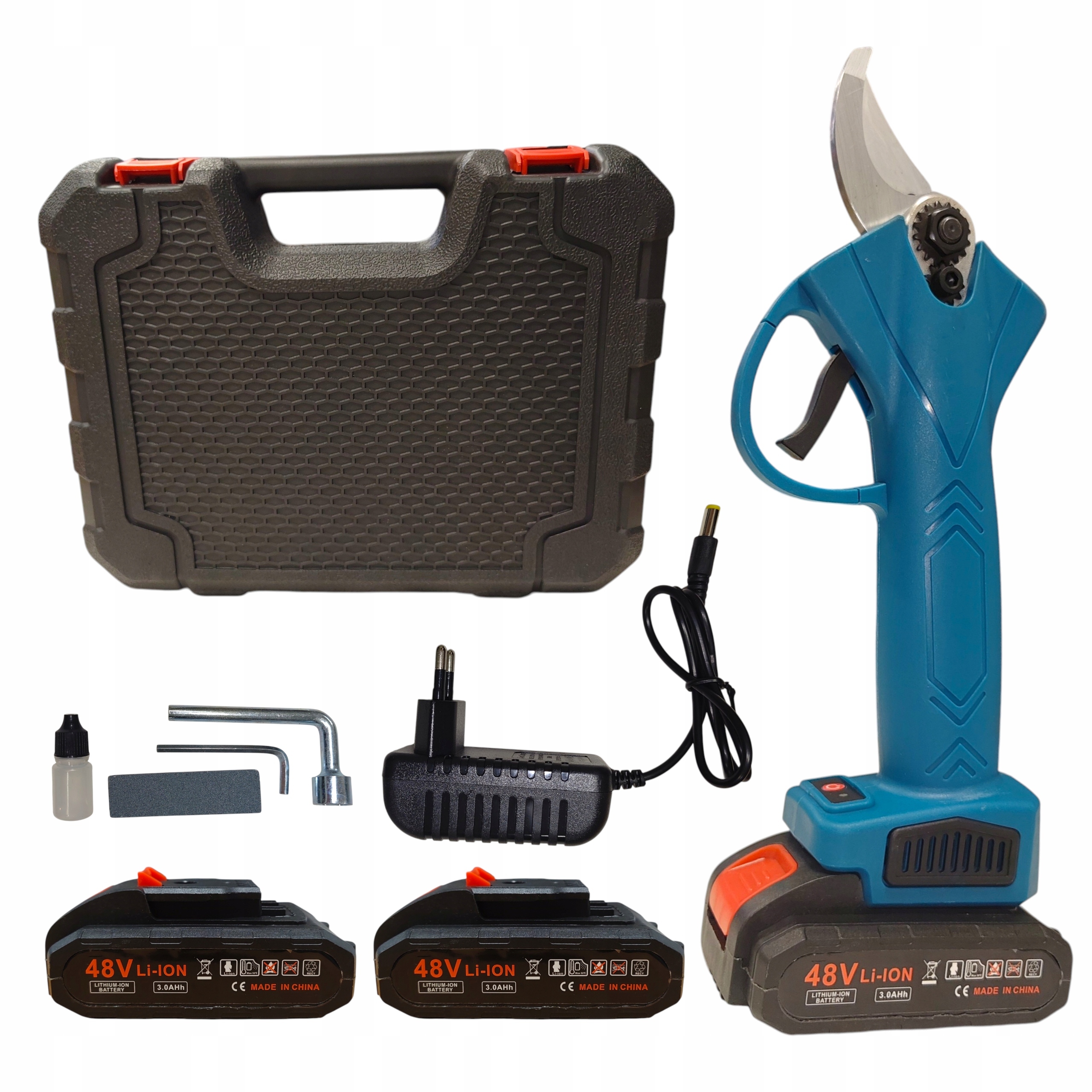 Sekator elektryczny akumulatorowy 48V 2x 3Ah do gałęzi 30mm zestaw