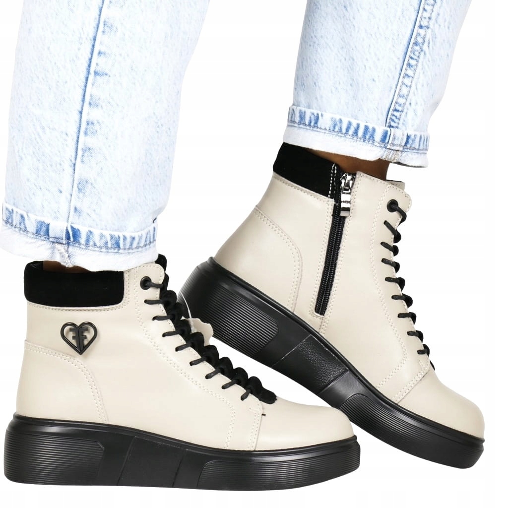 Béžové Kožené Kotníkové Boty Na Platformě, Klínky Zapínané Na Zip, Kotníkové Boty Teplé