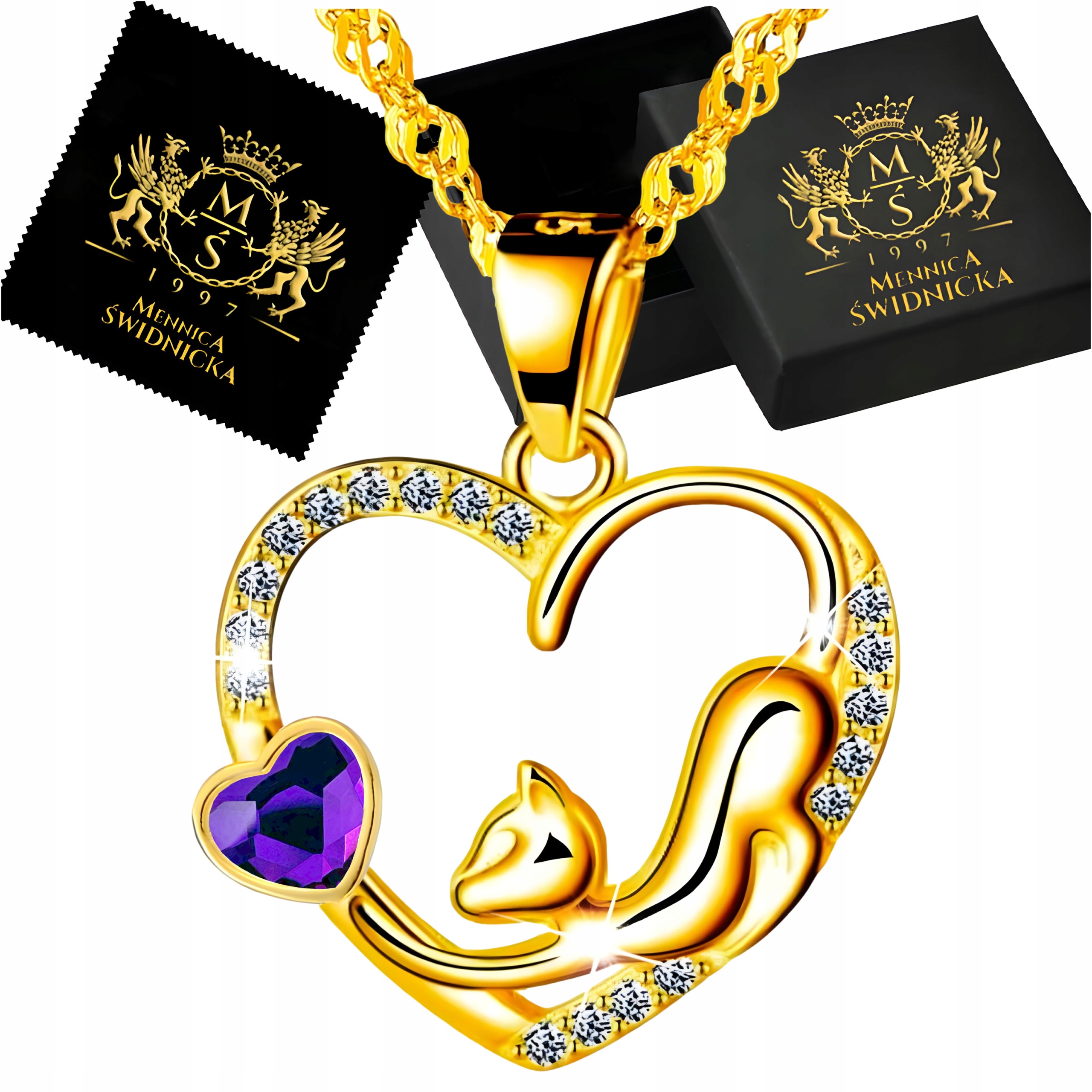 Náhrdelník Zlatý Kočka Srdce Stříbro 925 S Zirkony Stříbrné Dámské Šperky