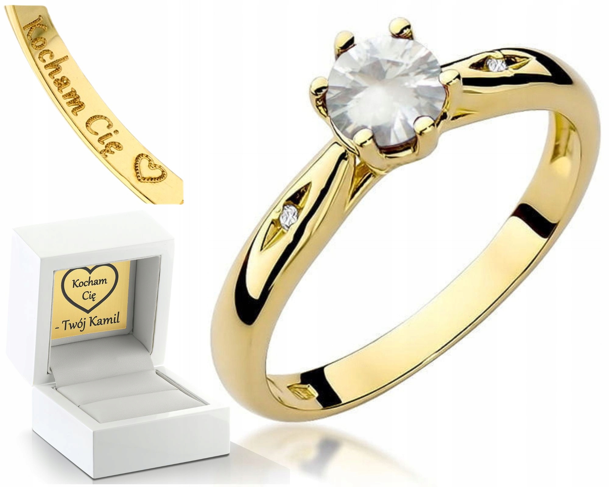 Zlatý Prstýnek Prsten S Bílým Safírem, Diamanty, Žluté Zlato, Gravírování Gravírka