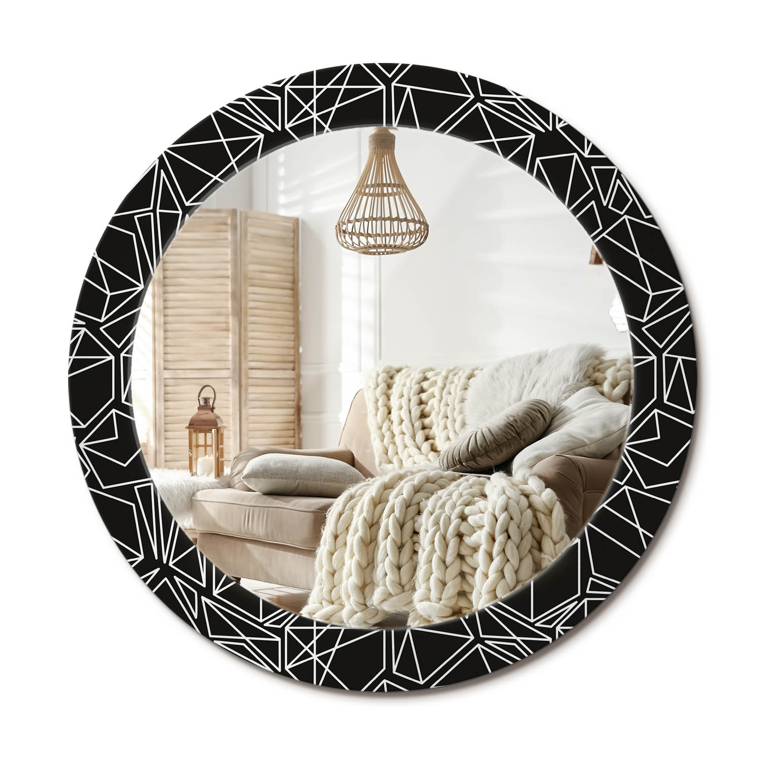 Nástenné zrkadlo s ozdobným skleneným okrajom, priemer 70 cm, geometrický vzor